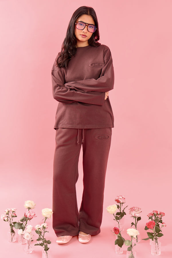 Kaiia Oval Embossed Oversized Long Sleeve T-shirt Cocoa Brown