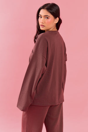 Kaiia Oval Embossed Oversized Long Sleeve T-shirt Cocoa Brown
