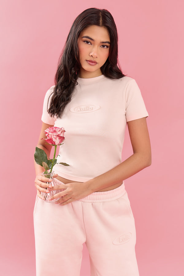 Kaiia Oval Embossed Logo Baby Tee Pink Meringue