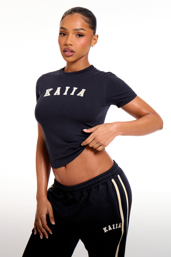 Kaiia Slogan Baby Tee Ink Blue & Lemon