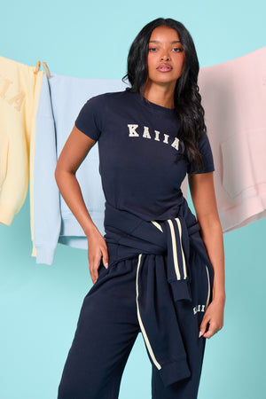 Kaiia Slogan Baby Tee Ink Blue & Lemon