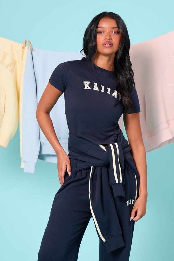 Kaiia Slogan Baby Tee Ink Blue & Lemon