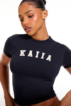 Kaiia Slogan Baby Tee Ink Blue & Lemon