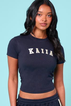 Kaiia Slogan Baby Tee Ink Blue & Lemon
