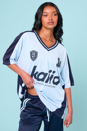 Kaiia Oversized Short Sleeve Football Top Baby Blue & Navy