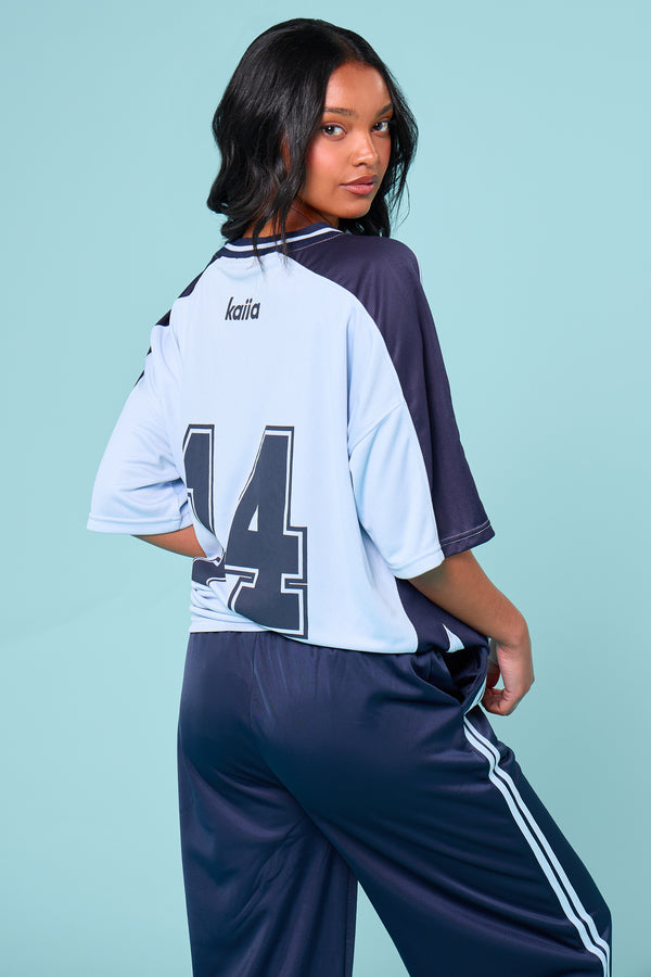 Kaiia Oversized Short Sleeve Football Top Baby Blue & Navy