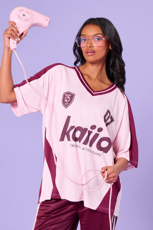 Kaiia Oversized Short Sleeve Football Top Pink & Burgundy