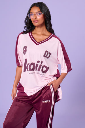 Kaiia Oversized Short Sleeve Football Top Pink & Burgundy