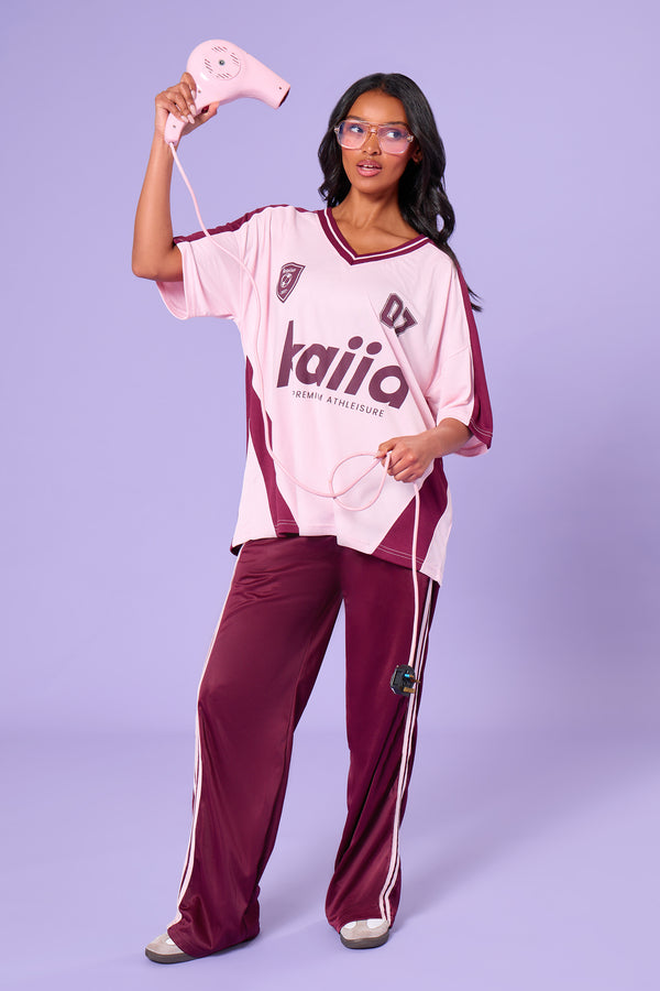 Kaiia Oversized Short Sleeve Football Top Pink & Burgundy