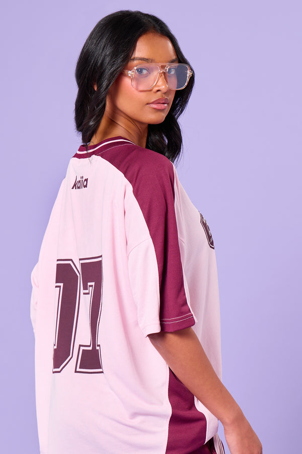 Kaiia Oversized Short Sleeve Football Top Pink & Burgundy
