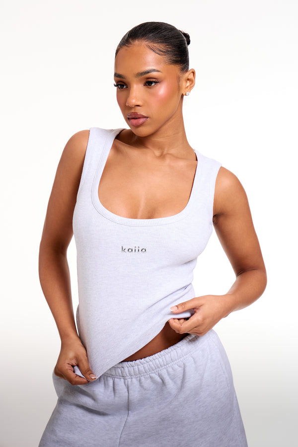 Kaiia Chrome Logo Ribbed Vest Top Grey Melange