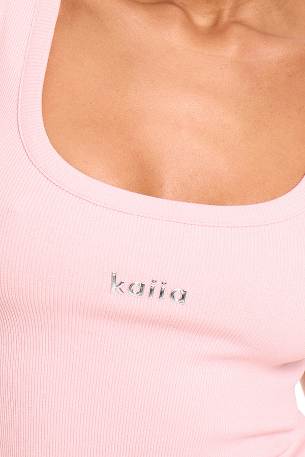 Kaiia Chrome Logo Ribbed Vest Top Sugar Pink