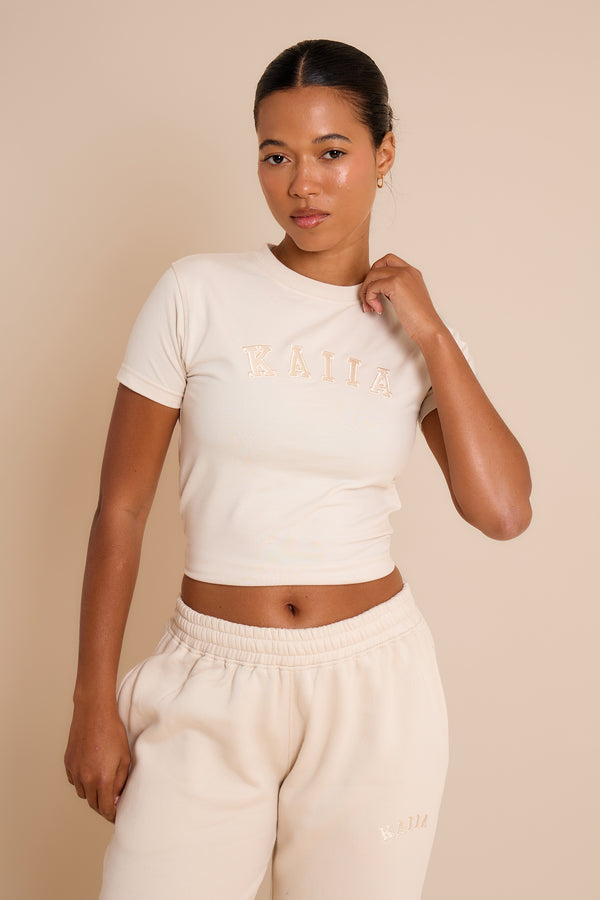 Kaiia Slogan Baby Tee Chalk