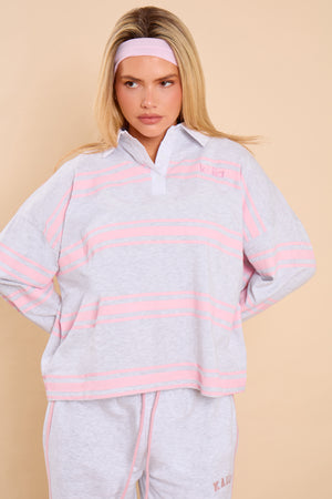 Kaiia Striped Oversized Rugby Shirt Light Grey Marl & Pink Sugar