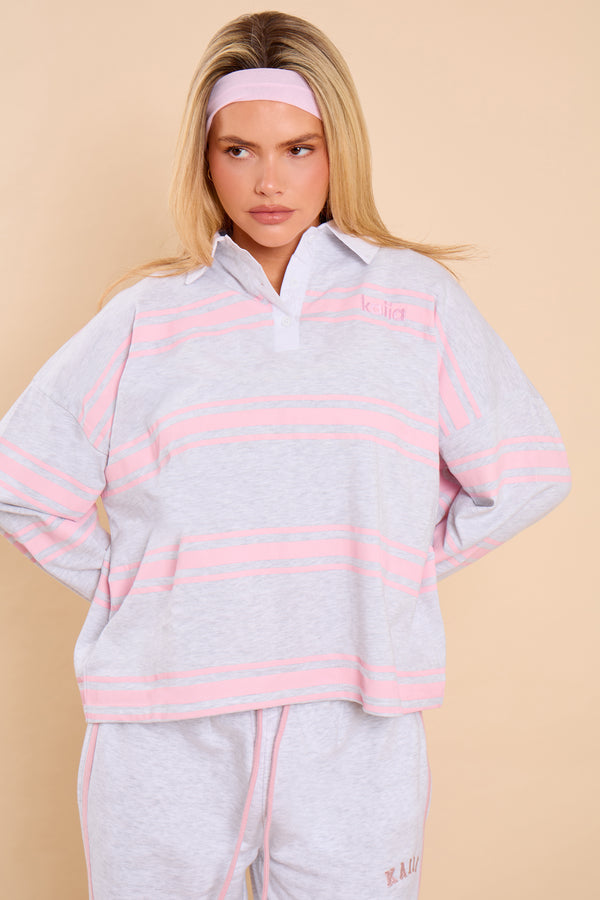 Kaiia Striped Oversized Rugby Shirt Light Grey Marl & Pink Sugar