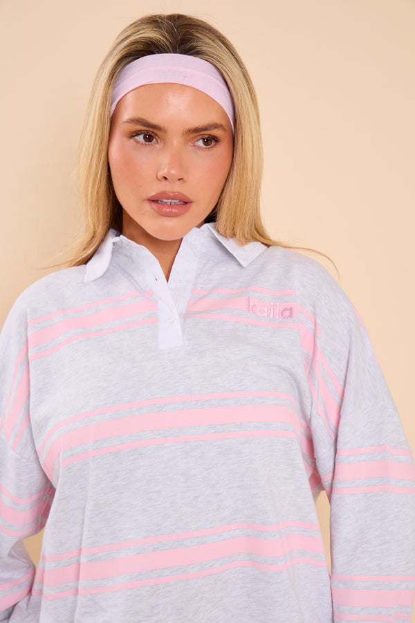 Kaiia Striped Oversized Rugby Shirt Light Grey Marl & Pink Sugar