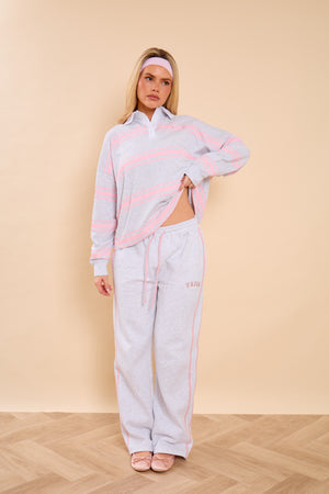 Kaiia Striped Oversized Rugby Shirt Light Grey Marl & Pink Sugar