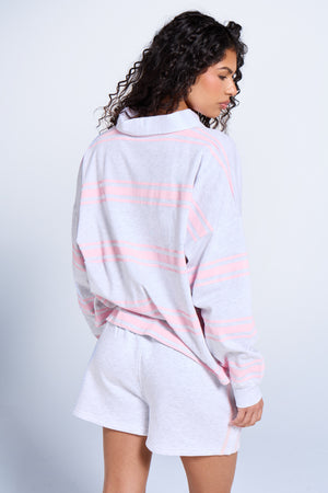Kaiia Striped Oversized Rugby Shirt Light Grey Marl & Pink Sugar