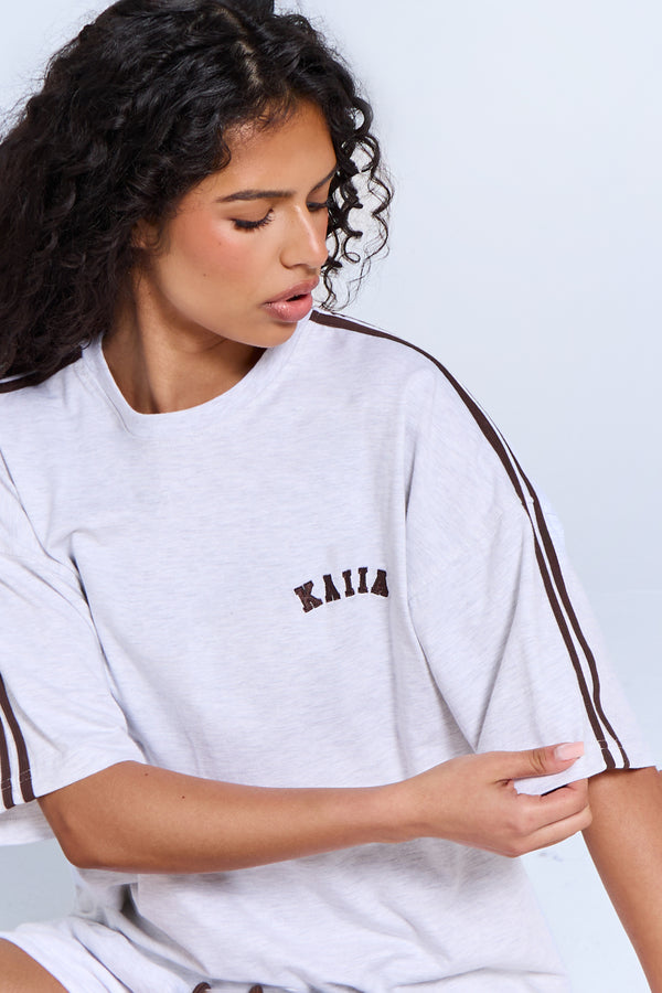 Kaiia Side Stripe Oversized T-shirt Light Grey Marl & Brown