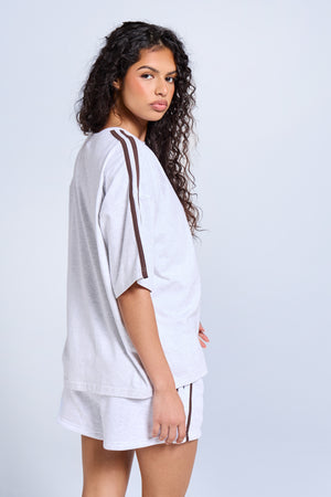 Kaiia Side Stripe Oversized T-shirt Light Grey Marl & Brown