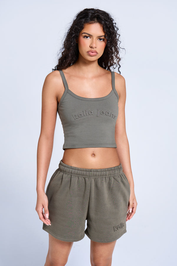 Kaiia Jeans Embossed Logo Cami Top Smoke Olive