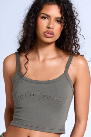 Kaiia Jeans Embossed Logo Cami Top Smoke Olive