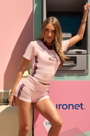 Kaiia Side Stripe Longline Baby Tee Baby Pink & Burgundy