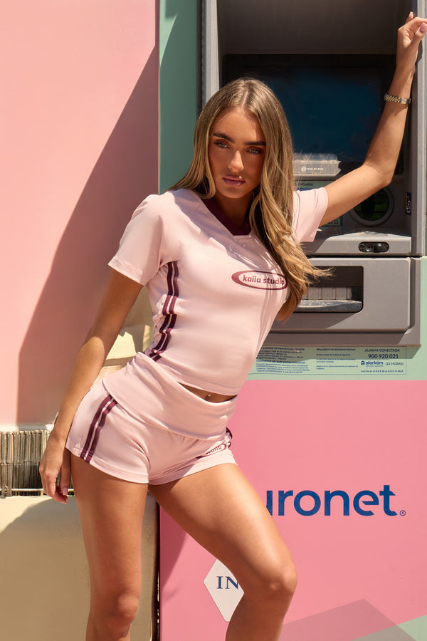 Kaiia Side Stripe Longline Baby Tee Baby Pink & Burgundy