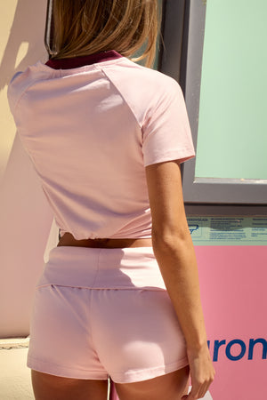 Kaiia Side Stripe Longline Baby Tee Baby Pink & Burgundy