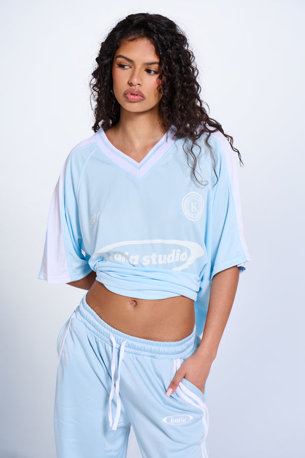 Kaiia Oversized Short Sleeve Football Top Baby Blue & White