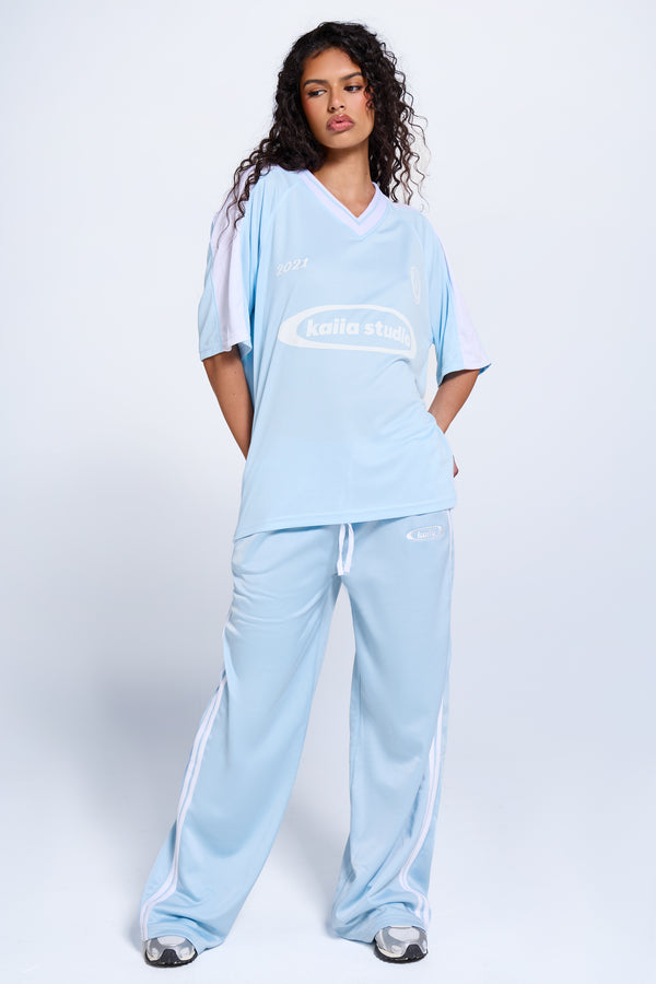 Kaiia Oversized Short Sleeve Football Top Baby Blue & White