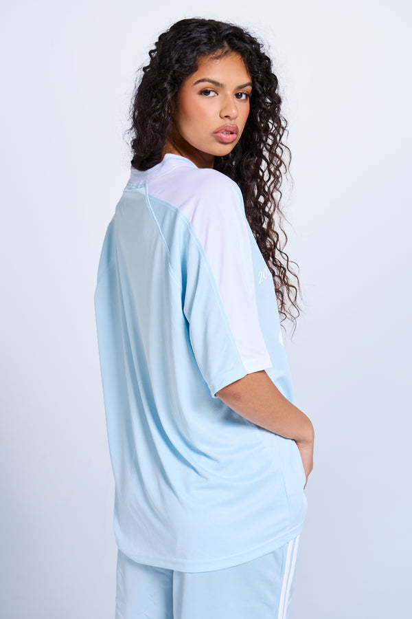 Kaiia Oversized Short Sleeve Football Top Baby Blue & White