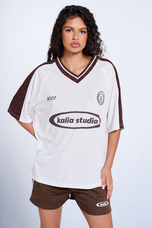 Kaiia Oversized Short Sleeve Football Top Vanilla & Chocolate