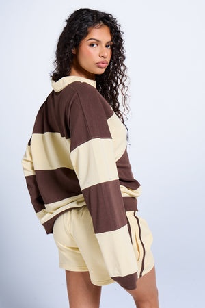 Kaiia Striped Oversized Rugby Style Top Butter Yellow & Brown