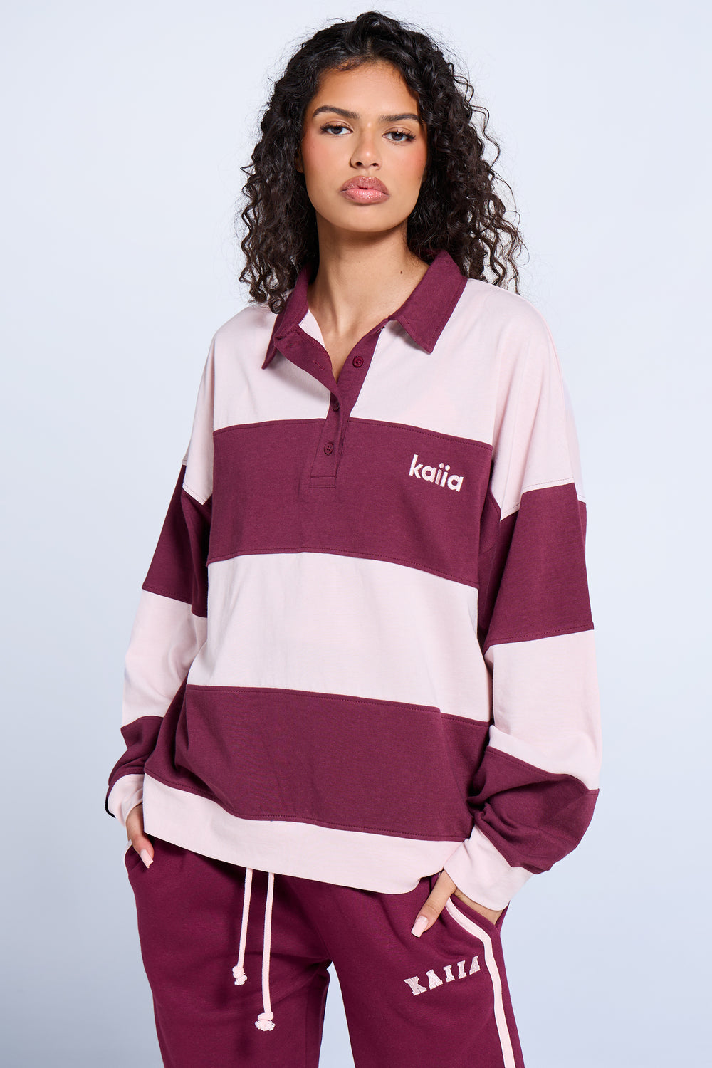 Kaiia Striped Oversized Rugby Style Top Dark Cherry & Pink