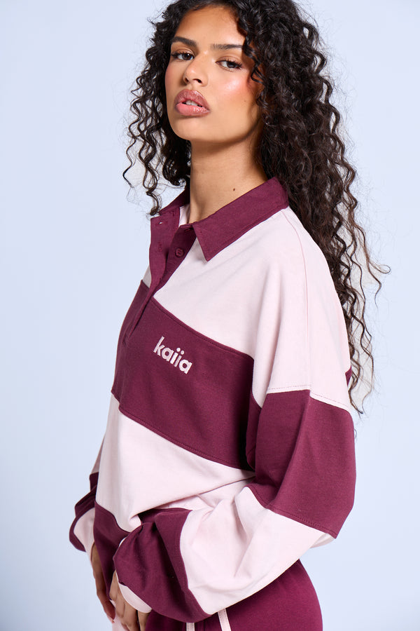 Kaiia Striped Oversized Rugby Style Top Dark Cherry & Pink