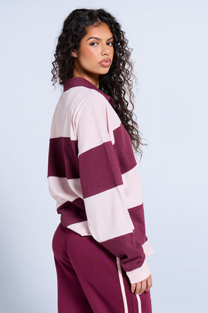 Kaiia Striped Oversized Rugby Style Top Dark Cherry & Pink