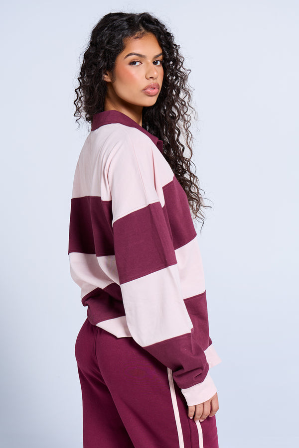 Kaiia Striped Oversized Rugby Style Top Dark Cherry & Pink