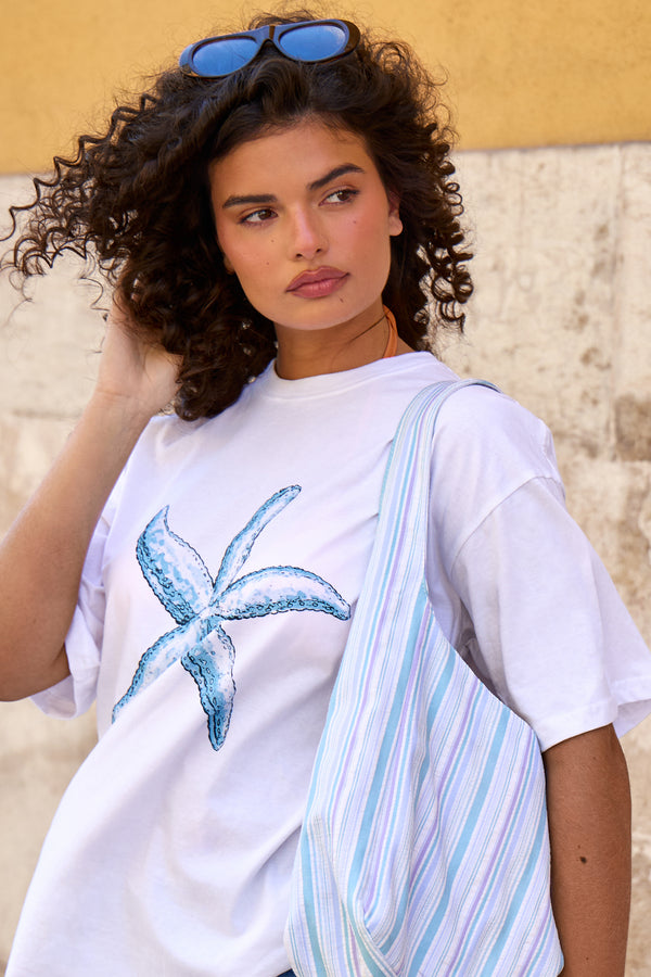 Kaiia Starfish Graphic Oversized T-shirt White