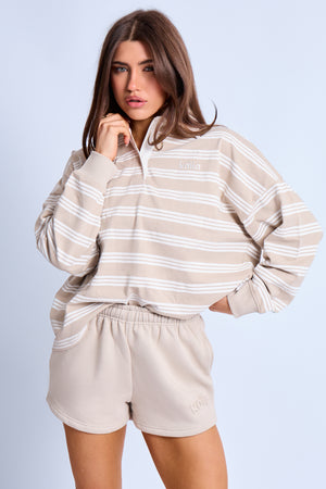 Kaiia Striped Oversized Rugby Shirt Ash Taupe & Cream