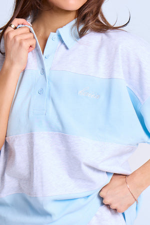 Kaiia Striped Short Sleeve Oversized Rugby Style Top Light Blue & Grey Marl