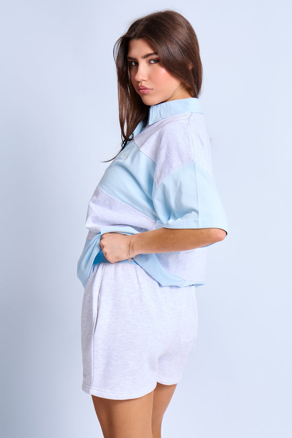 Kaiia Striped Short Sleeve Oversized Rugby Style Top Light Blue & Grey Marl