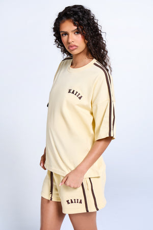 Kaiia Side Stripe Oversized T-shirt Butter Yellow & Brown