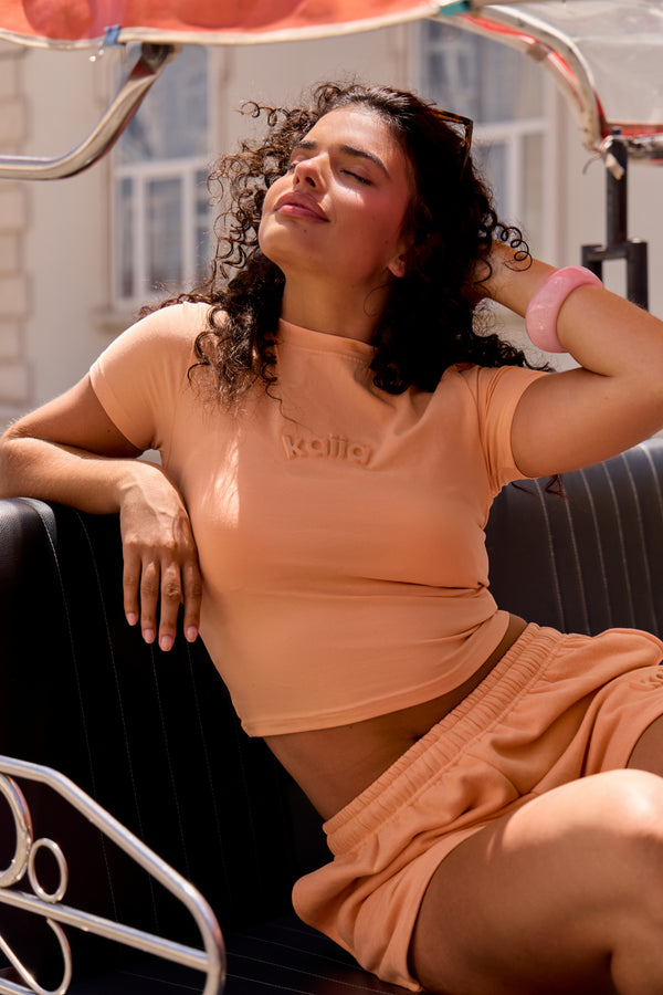 Kaiia Embossed Logo Baby Tee Peach