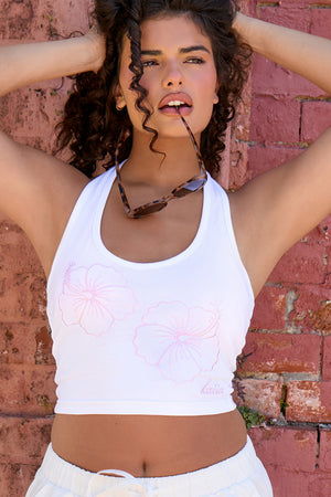 Kaiia Embroidered Flower Halterneck Top White