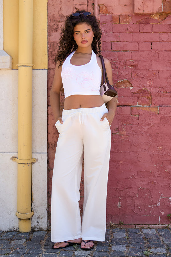 Kaiia Embroidered Flower Halterneck Top White