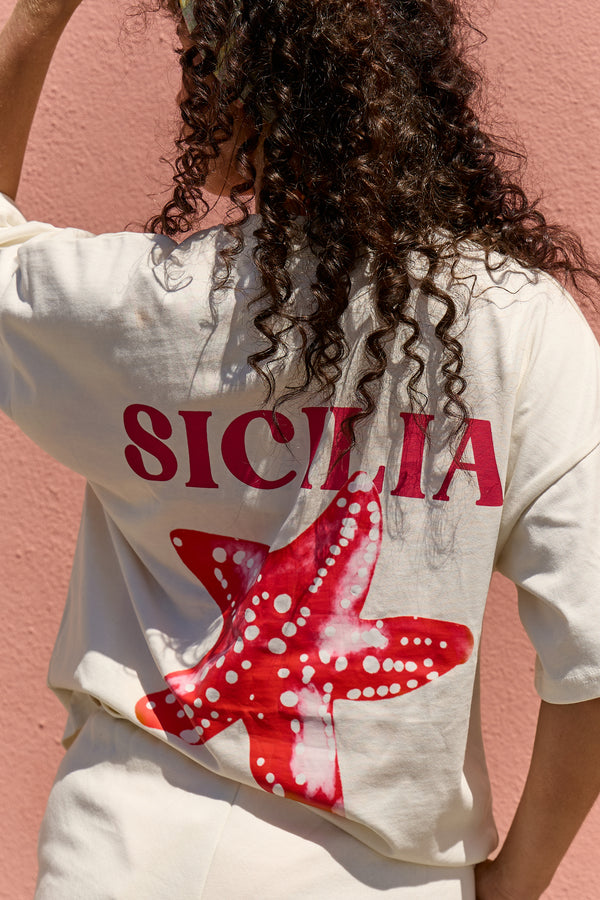 Kaiia Sicilia Graphic Oversized T-shirt Cream & Chilli Red