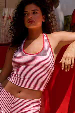 Kaiia Towelling Pinstripe Halterneck Top Chilli Red & White