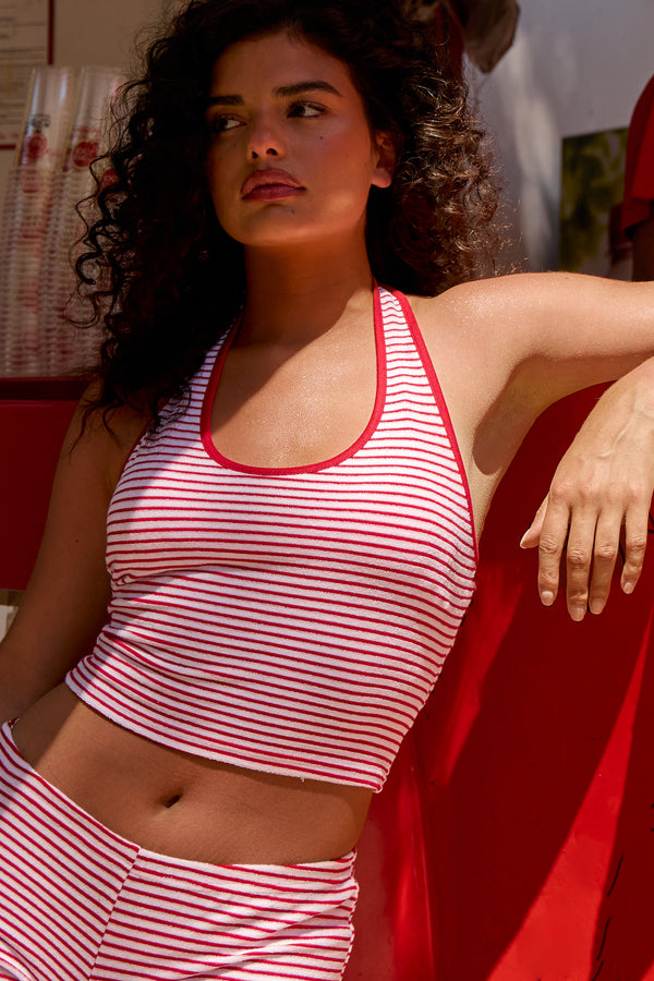 Kaiia Towelling Pinstripe Halterneck Top Chilli Red & White