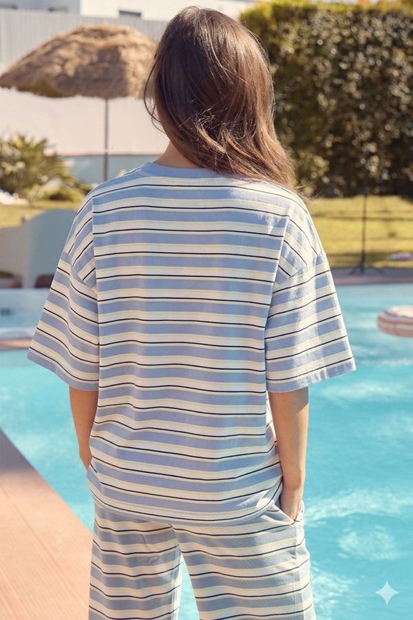 Kaiia Striped Oversized T-shirt Soft Blue & Yellow